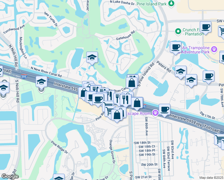 map of restaurants, bars, coffee shops, grocery stores, and more near 8901 North New River Canal Road in Plantation
