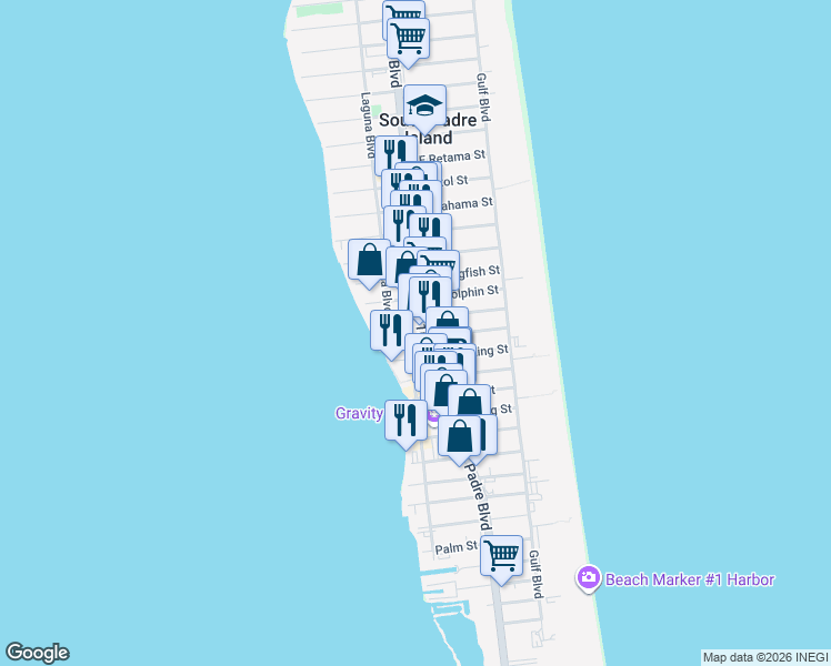 map of restaurants, bars, coffee shops, grocery stores, and more near 2805 Padre Boulevard in South Padre Island