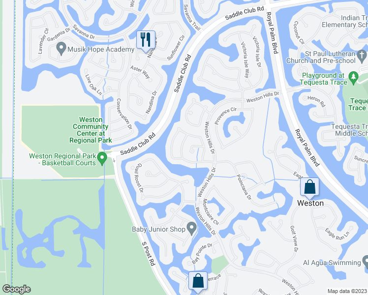 map of restaurants, bars, coffee shops, grocery stores, and more near 2016 Schooner Lane in Weston