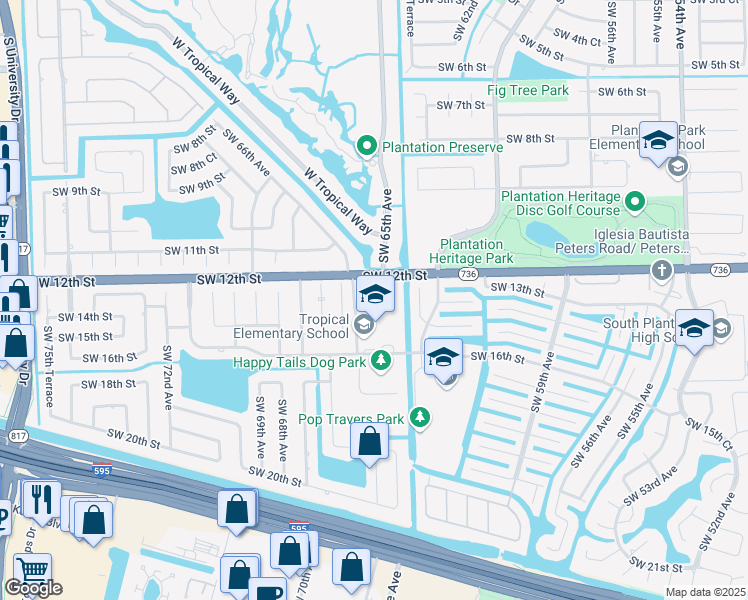 map of restaurants, bars, coffee shops, grocery stores, and more near 6510 Southwest 13th Street in Plantation