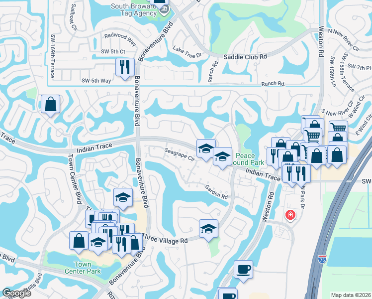 map of restaurants, bars, coffee shops, grocery stores, and more near 1347 Seagrape Circle in Weston