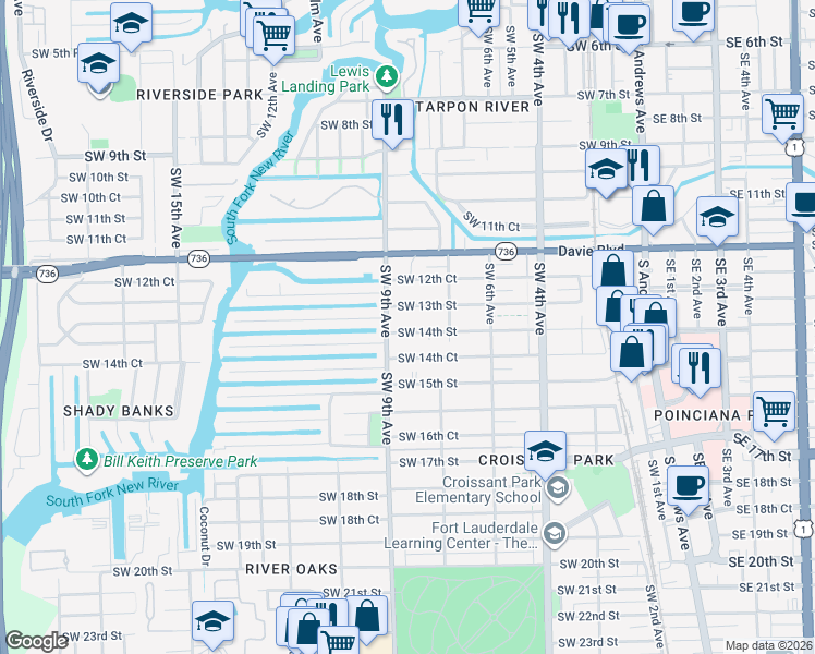 map of restaurants, bars, coffee shops, grocery stores, and more near 838 Southwest 14th Street in Fort Lauderdale
