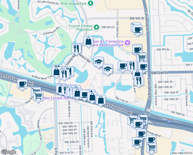 map of restaurants, bars, coffee shops, grocery stores, and more near 300 Southwest 82nd Avenue in Plantation