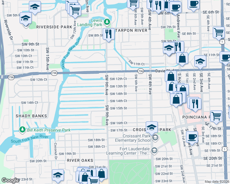 map of restaurants, bars, coffee shops, grocery stores, and more near 838 Southwest 14th Street in Fort Lauderdale