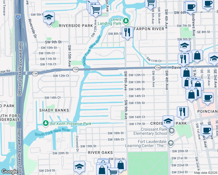 map of restaurants, bars, coffee shops, grocery stores, and more near 1105 Avocado Isle in Fort Lauderdale
