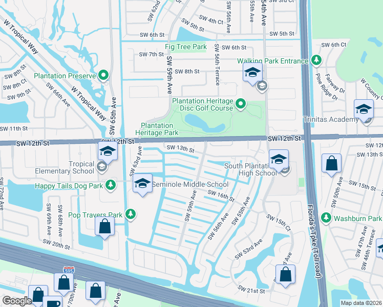 map of restaurants, bars, coffee shops, grocery stores, and more near 5920 Southwest 13th Street in Plantation