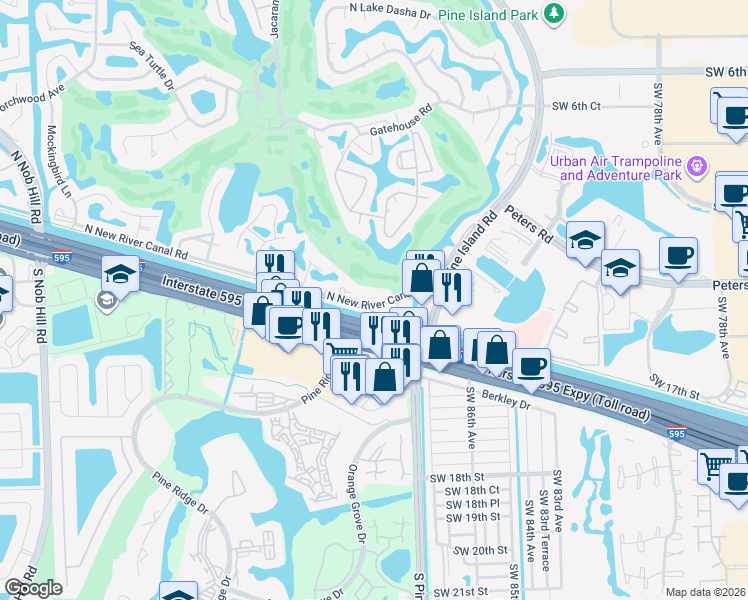 map of restaurants, bars, coffee shops, grocery stores, and more near 229 North New River Canal Road in Plantation