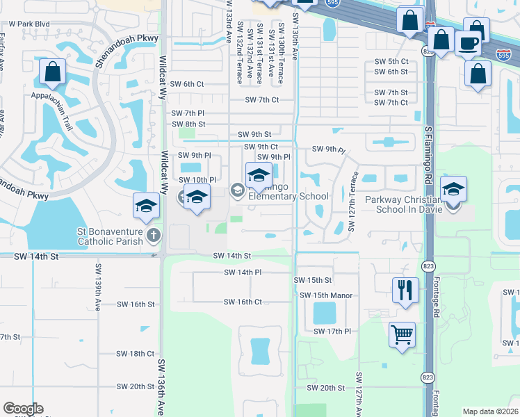 map of restaurants, bars, coffee shops, grocery stores, and more near 1201 Southwest 130th Avenue in Davie