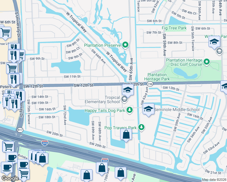 map of restaurants, bars, coffee shops, grocery stores, and more near 1351 Southwest 66th Terrace in Plantation