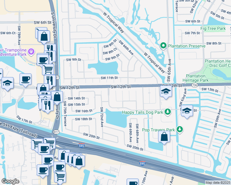 map of restaurants, bars, coffee shops, grocery stores, and more near 1350 Southwest 71st Avenue in Plantation