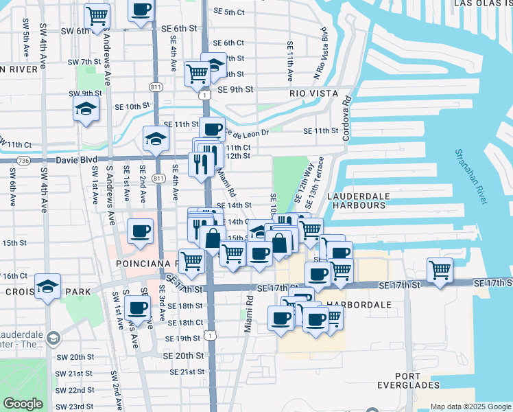 map of restaurants, bars, coffee shops, grocery stores, and more near 1412 Miami Road in Fort Lauderdale