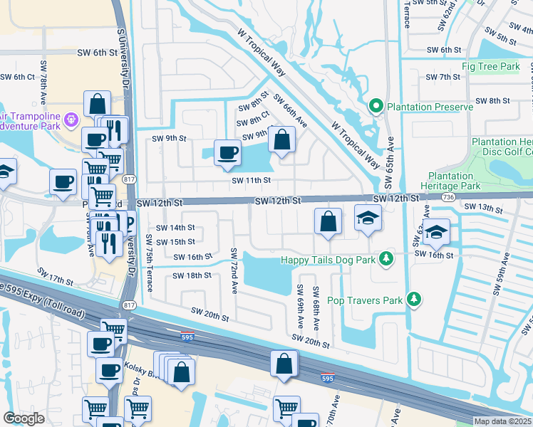 map of restaurants, bars, coffee shops, grocery stores, and more near 1350 Southwest 71st Avenue in Plantation