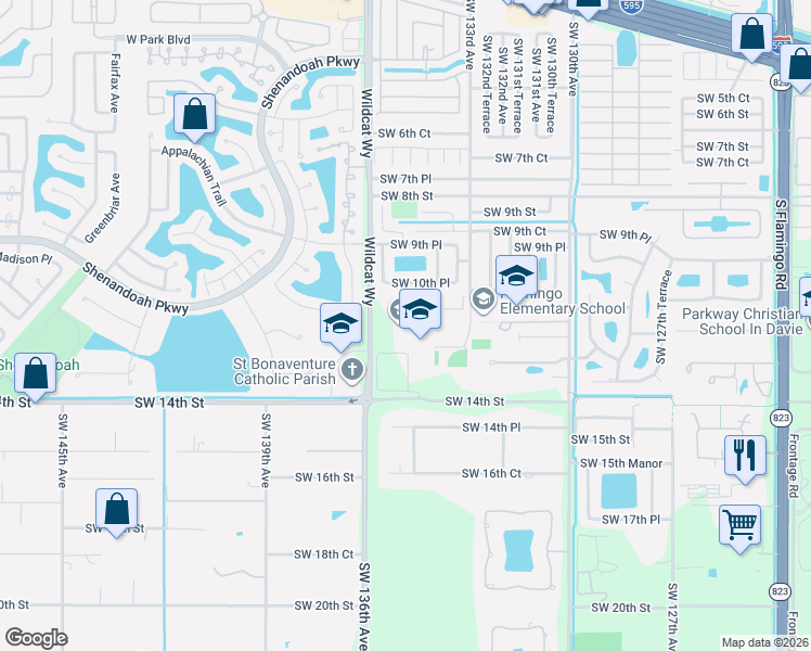 map of restaurants, bars, coffee shops, grocery stores, and more near 1200 SW 136th Ave in Davie