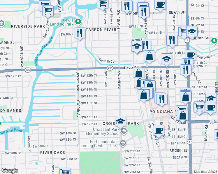 map of restaurants, bars, coffee shops, grocery stores, and more near 420 Southwest 14th Street in Fort Lauderdale