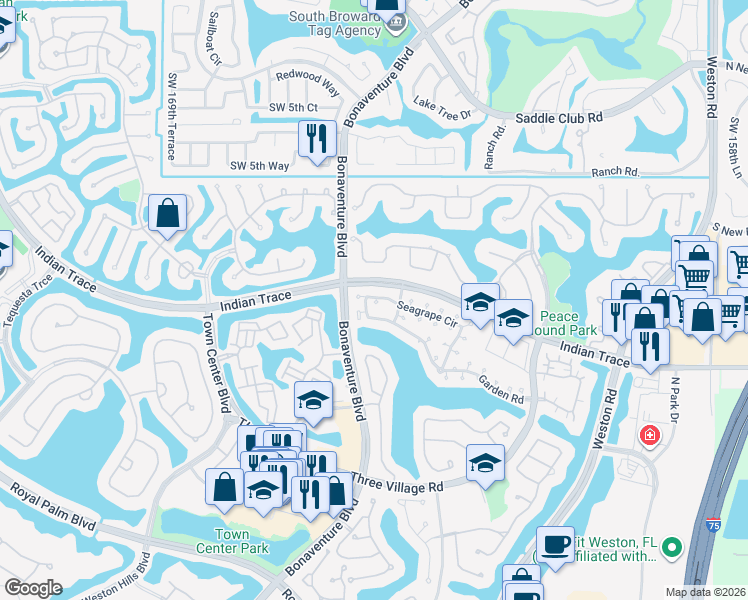 map of restaurants, bars, coffee shops, grocery stores, and more near 1245 Seagrape Circle in Weston