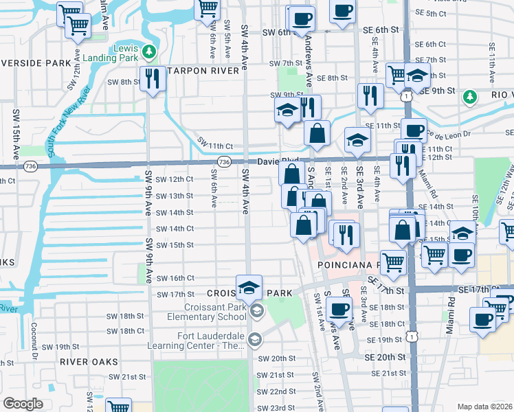 map of restaurants, bars, coffee shops, grocery stores, and more near 322 Southwest 14th Street in Fort Lauderdale