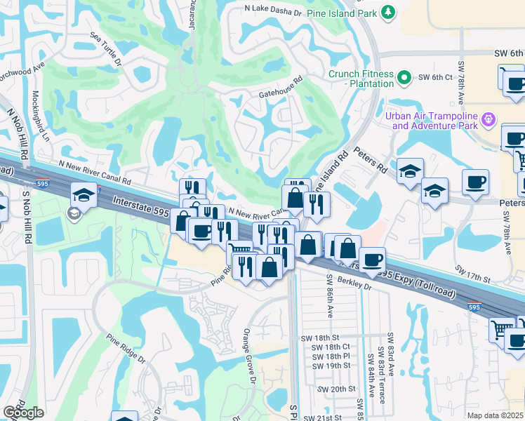 map of restaurants, bars, coffee shops, grocery stores, and more near 8901 North New River Canal Road in Plantation