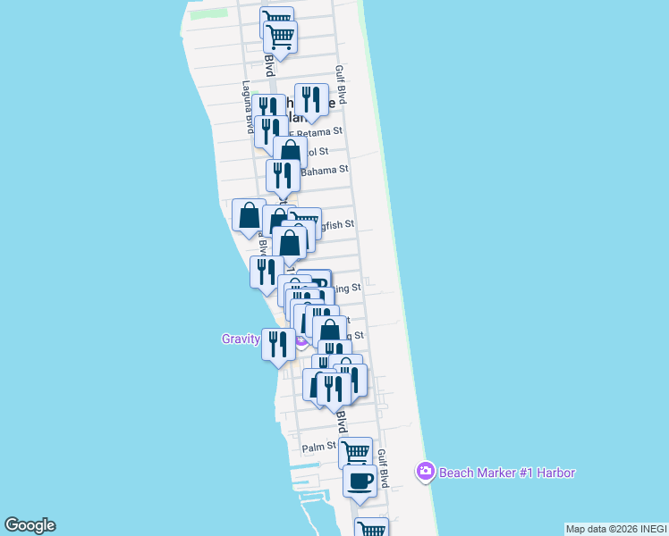 map of restaurants, bars, coffee shops, grocery stores, and more near 109 East Swordfish Street in South Padre Island