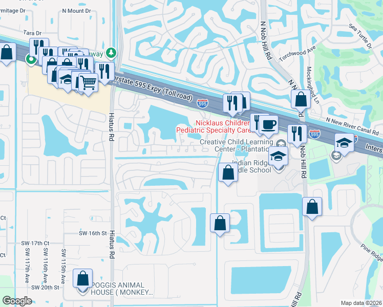map of restaurants, bars, coffee shops, grocery stores, and more near 1191 Southwest 108th Way in Davie