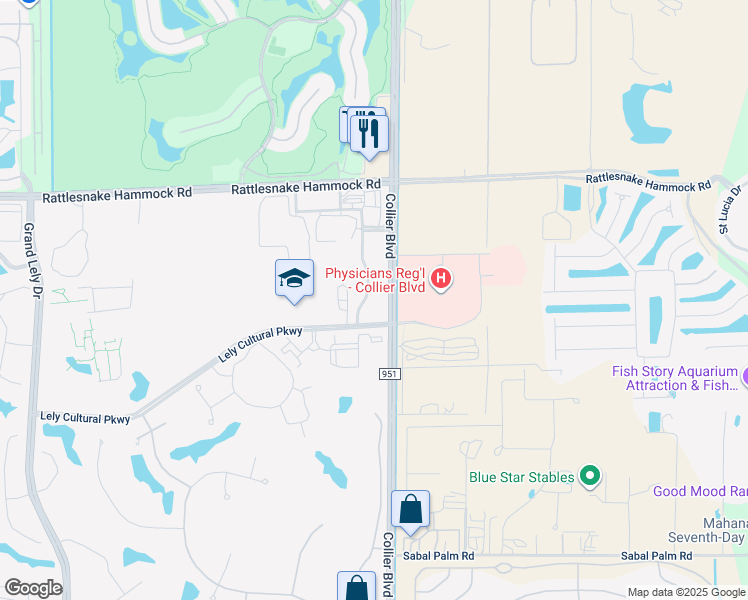map of restaurants, bars, coffee shops, grocery stores, and more near 8350 Sierra Meadows Boulevard in Naples