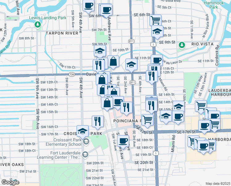 map of restaurants, bars, coffee shops, grocery stores, and more near 20 Southeast 14th Street in Fort Lauderdale