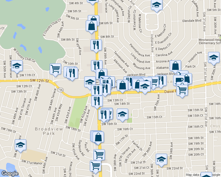 map of restaurants, bars, coffee shops, grocery stores, and more near 3803 Davie Boulevard in Fort Lauderdale