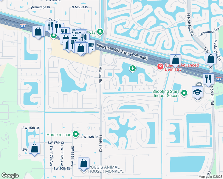 map of restaurants, bars, coffee shops, grocery stores, and more near 11090 Southwest 11th Place in Davie