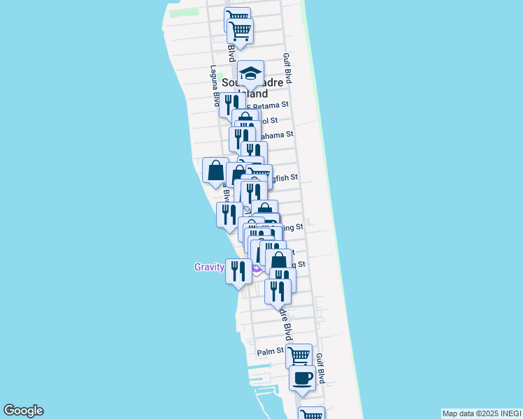 map of restaurants, bars, coffee shops, grocery stores, and more near 109 East Swordfish Street in South Padre Island