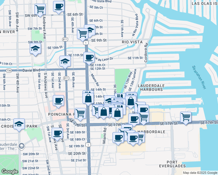 map of restaurants, bars, coffee shops, grocery stores, and more near 1401 Southeast 10th Avenue in Fort Lauderdale