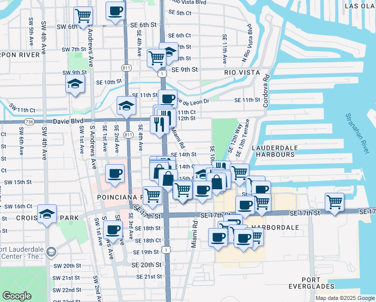 map of restaurants, bars, coffee shops, grocery stores, and more near 1412 Miami Road in Fort Lauderdale