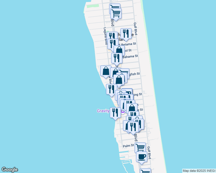 map of restaurants, bars, coffee shops, grocery stores, and more near 206 West Swordfish Street in South Padre Island