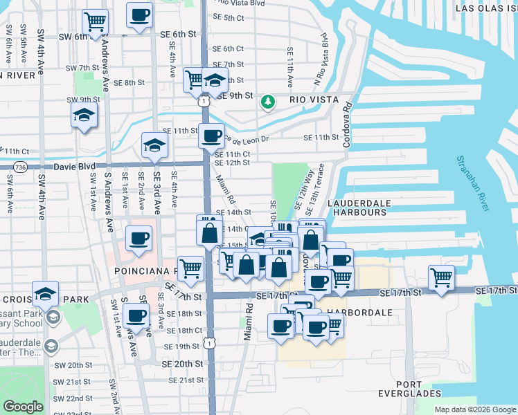 map of restaurants, bars, coffee shops, grocery stores, and more near 1401 Southeast 10th Avenue in Fort Lauderdale