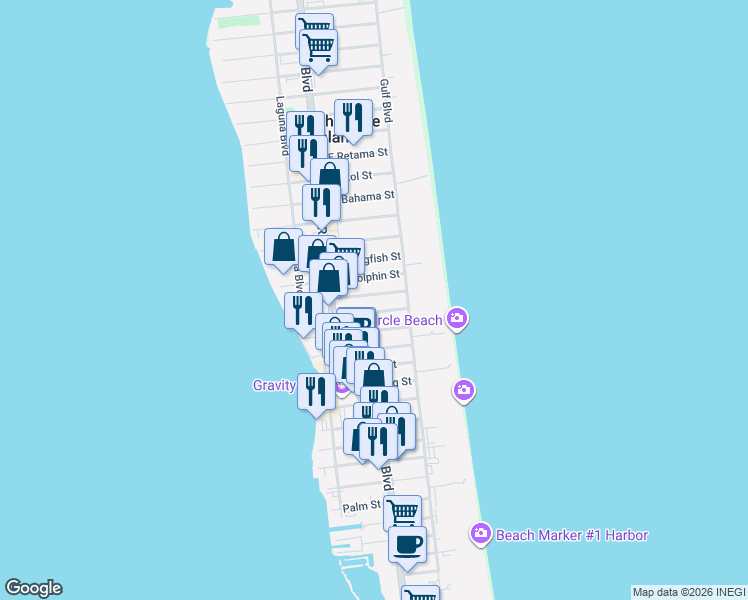 map of restaurants, bars, coffee shops, grocery stores, and more near 109 East Swordfish Street in South Padre Island