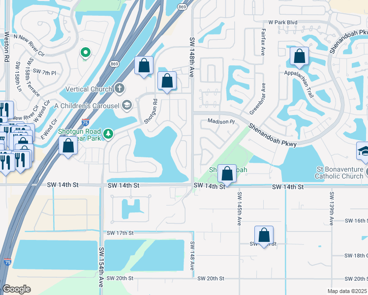map of restaurants, bars, coffee shops, grocery stores, and more near 1125 Southwest 149th Terrace in Sunrise