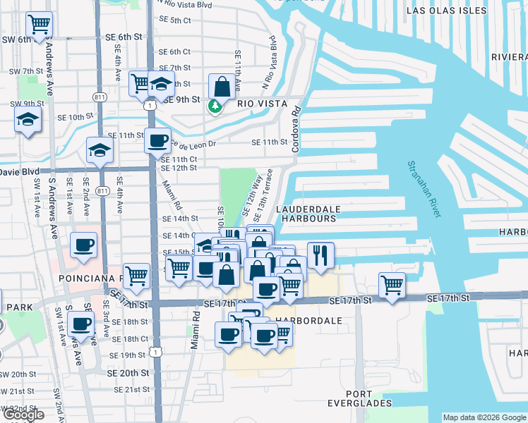 map of restaurants, bars, coffee shops, grocery stores, and more near 1246 Southeast 13th Terrace in Fort Lauderdale