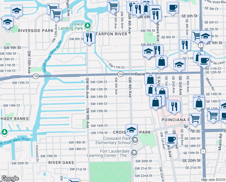map of restaurants, bars, coffee shops, grocery stores, and more near 1233 Southwest 6th Avenue in Fort Lauderdale