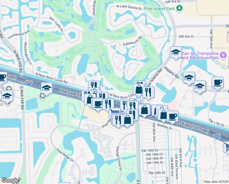 map of restaurants, bars, coffee shops, grocery stores, and more near 1050 Southwest 91st Avenue in Plantation