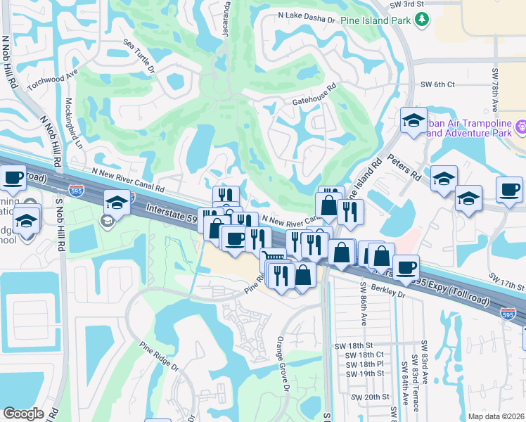 map of restaurants, bars, coffee shops, grocery stores, and more near 1050 Southwest 91st Avenue in Plantation