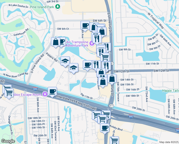 map of restaurants, bars, coffee shops, grocery stores, and more near 7890 Peters Rd in Plantation