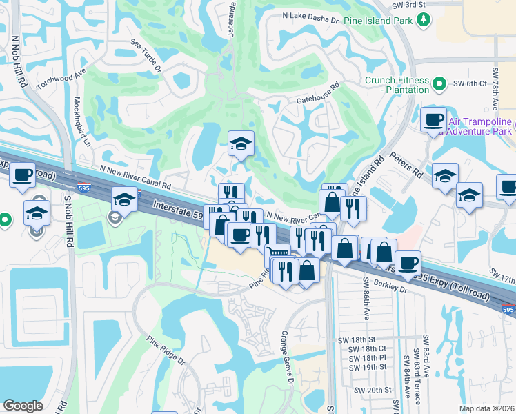 map of restaurants, bars, coffee shops, grocery stores, and more near 1050 Southwest 91st Avenue in Plantation