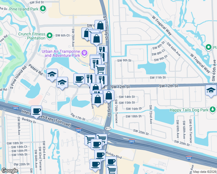map of restaurants, bars, coffee shops, grocery stores, and more near South University Drive & Peters Road in Plantation