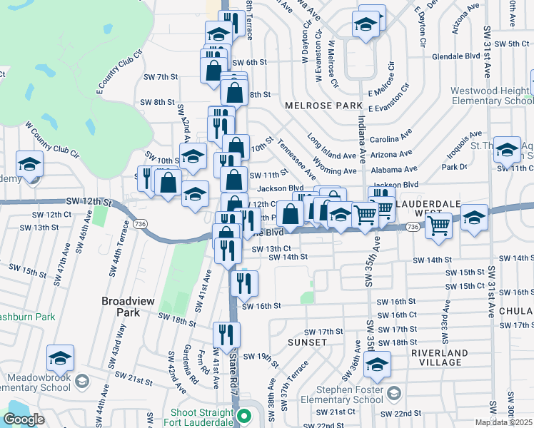 map of restaurants, bars, coffee shops, grocery stores, and more near 3871 Southwest 12th Place in Fort Lauderdale