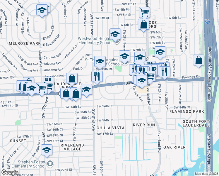 map of restaurants, bars, coffee shops, grocery stores, and more near 2921 Davie Boulevard in Fort Lauderdale