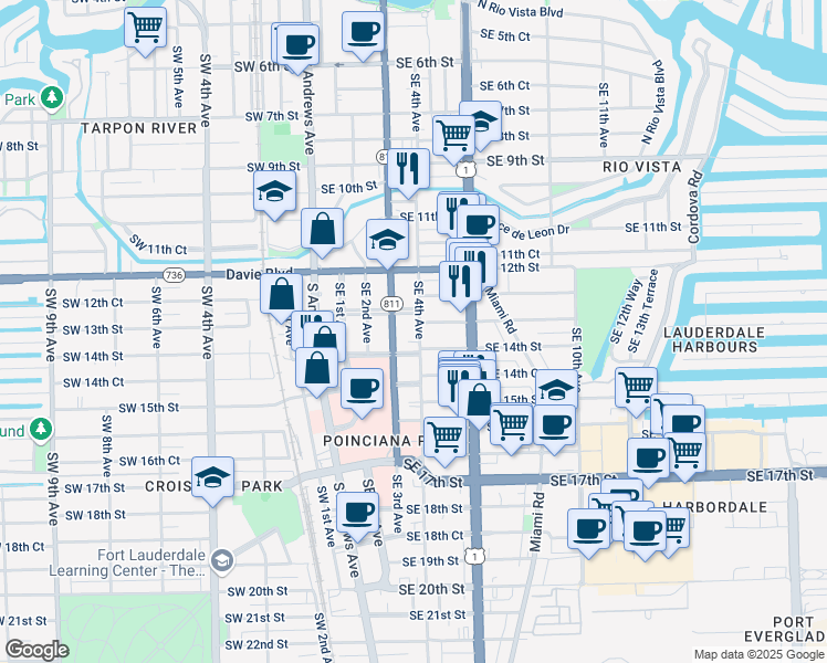 map of restaurants, bars, coffee shops, grocery stores, and more near 401 Southeast 13th Street in Fort Lauderdale