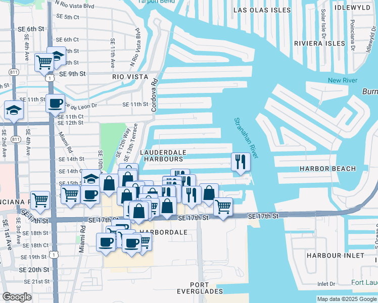map of restaurants, bars, coffee shops, grocery stores, and more near 1607 Southeast 13th Street in Fort Lauderdale