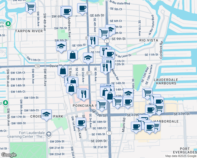 map of restaurants, bars, coffee shops, grocery stores, and more near 401 Southeast 13th Street in Fort Lauderdale