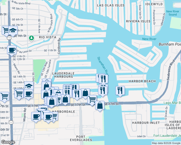 map of restaurants, bars, coffee shops, grocery stores, and more near 1737 Southeast 13th Street in Fort Lauderdale