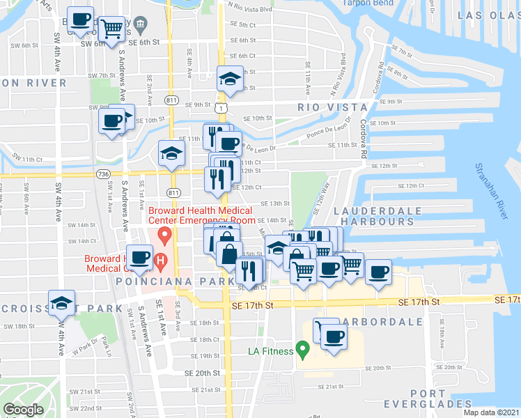 map of restaurants, bars, coffee shops, grocery stores, and more near 733 Southeast 13th Street in Fort Lauderdale