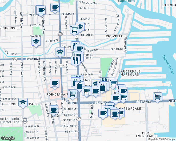 map of restaurants, bars, coffee shops, grocery stores, and more near 733 Southeast 13th Street in Fort Lauderdale