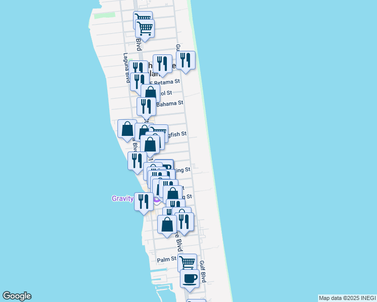 map of restaurants, bars, coffee shops, grocery stores, and more near 131B East Dolphin Street in South Padre Island